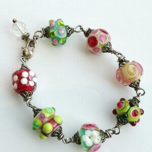 VINTAGE lamp work bead bracelet Sterling Silver